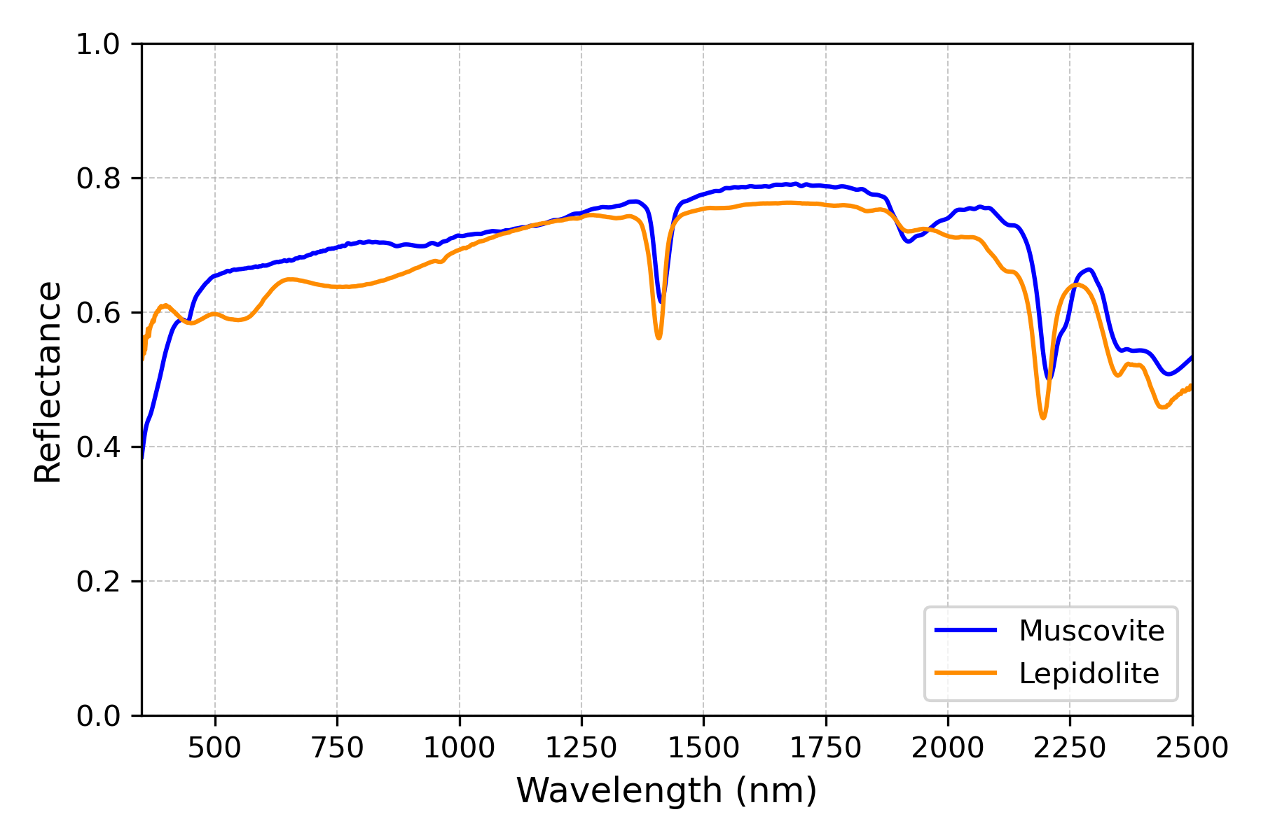 Spectral signature comparison between lepidolite and muscovite in a lithium-rich granite sample. The plot highlights the subtle shift in the 2200 nm absorption feature, with lepidolite showing a feature near 2195 nm (shorter wavelength) and muscovite at 2206 nm (longer wavelength). This shift is key to differentiating lithium-bearing minerals from other white mica species using hyperspectral imaging.