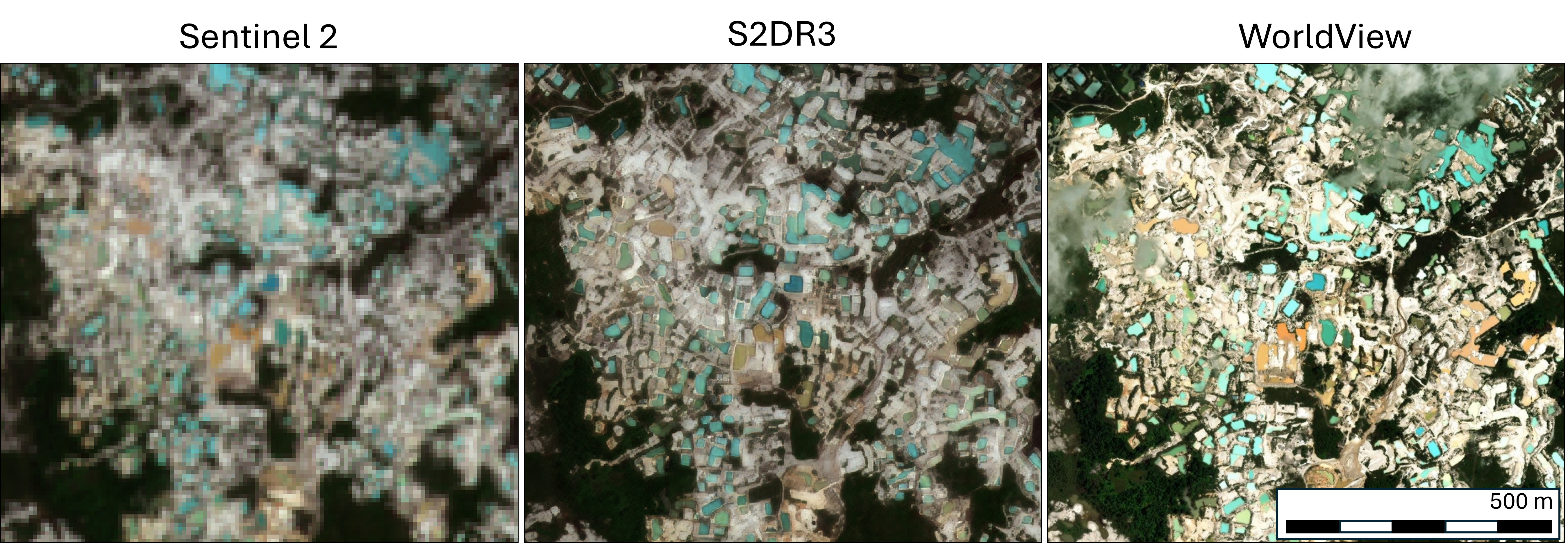 Satellite view of illegal artisanal small-scale gold mining area in Central Borneo using Sentinel-2 super-resolution model S2DR3, showing improved spatial details like mining pools and bare land patches