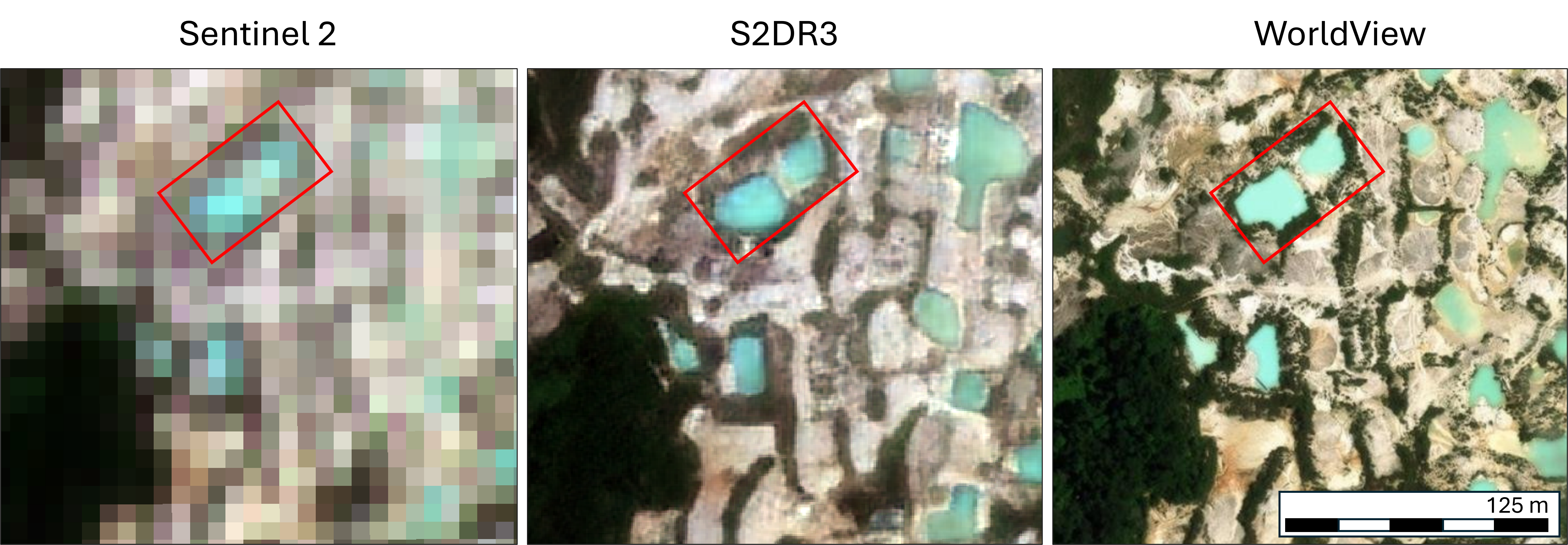 Zoomed-in satellite image of illegal gold mining site in Central Borneo highlighting narrow partition between water-filled mining pits, showing S2DR3 model's capability to distinguish fine spatial features from Sentinel-2 data