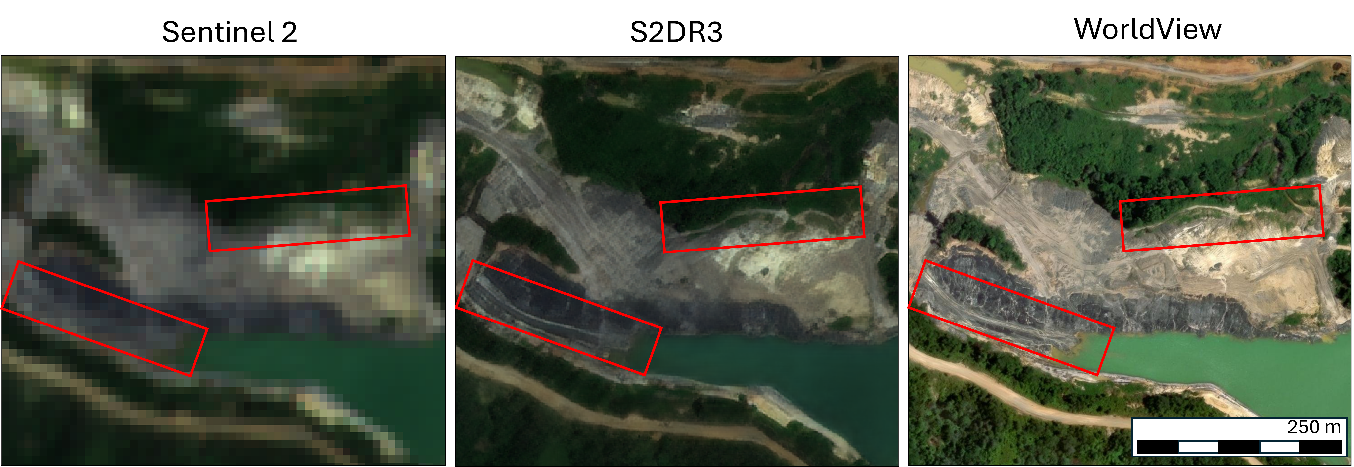 Super-resolved satellite image of an active coal mine in East Borneo using S2DR3 model, enhancing visibility of haul roads and mine infrastructure compared to original Sentinel-2 image