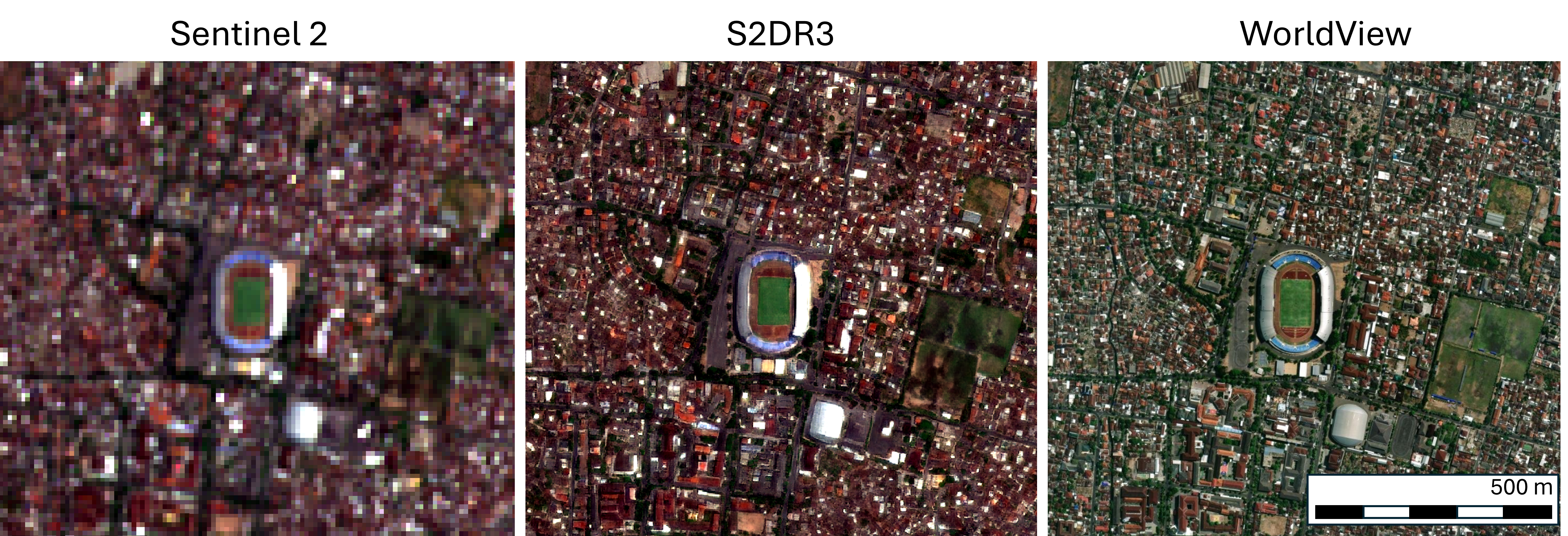 Dense urban area in Yogyakarta visualized using S2DR3 super-resolution model on Sentinel-2 imagery, revealing roads and building outlines while showing limitations in distinguishing adjacent rooftops with similar materials
