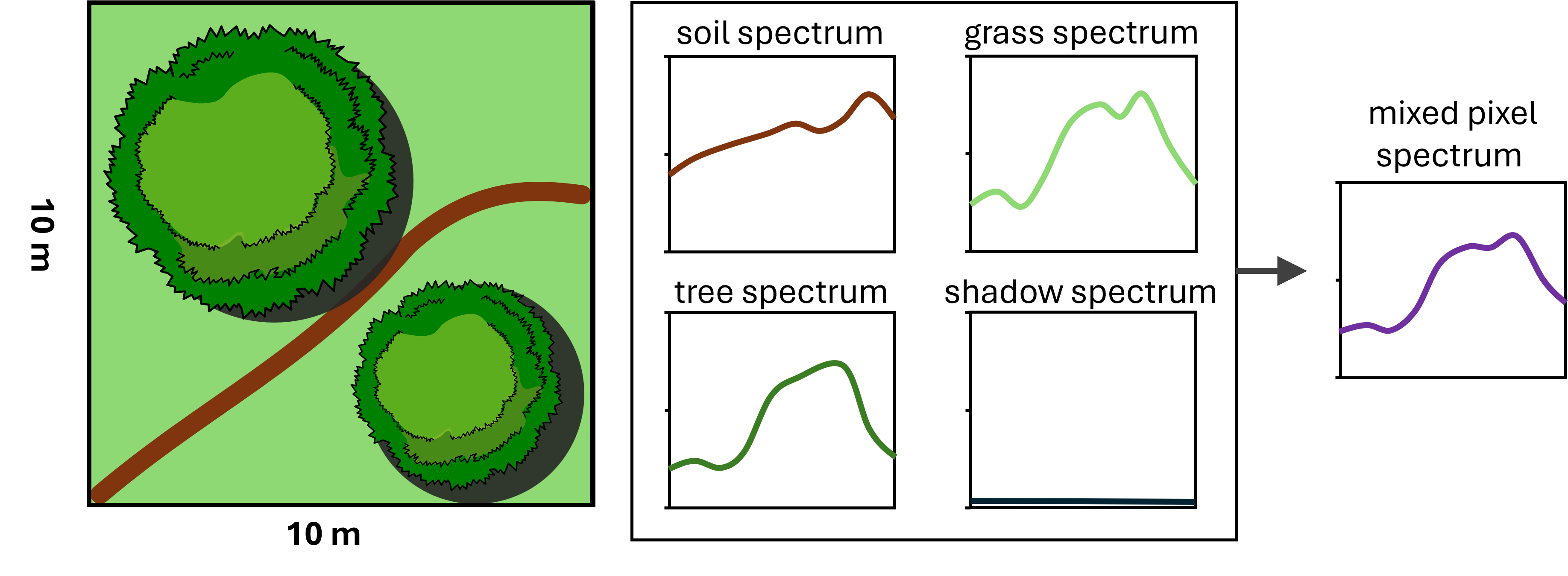 Ilustration of how inside one pixel can consist of multiple different object of interest. And how the light reflection signal taht is captured by the satellite sensor is a mixed of each individual object reflectance.