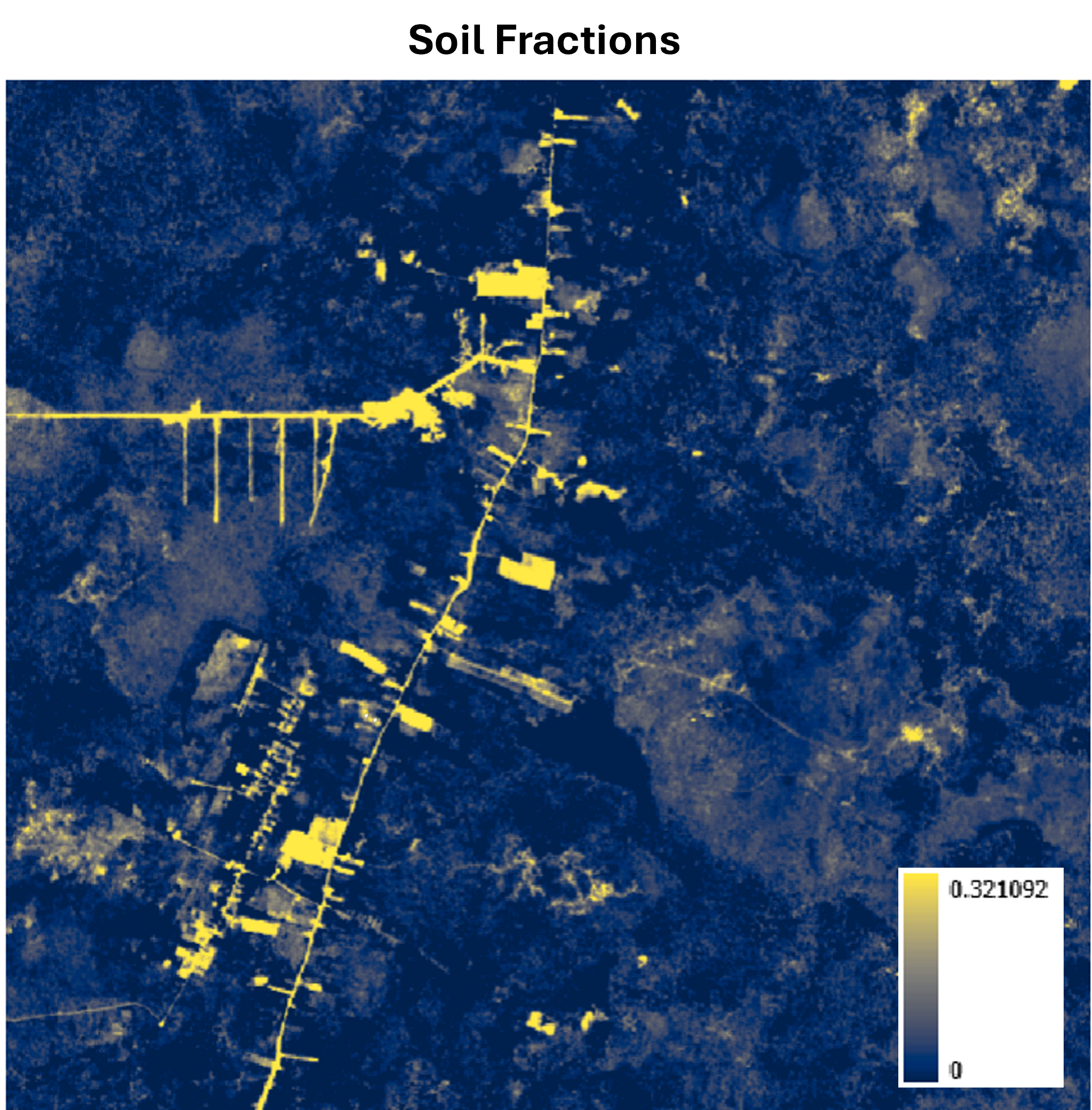 Spectral unmixing result showing the fraction of soil area inside every pixel of the image, this is very usefull for example for input for road detection model using deep learning.