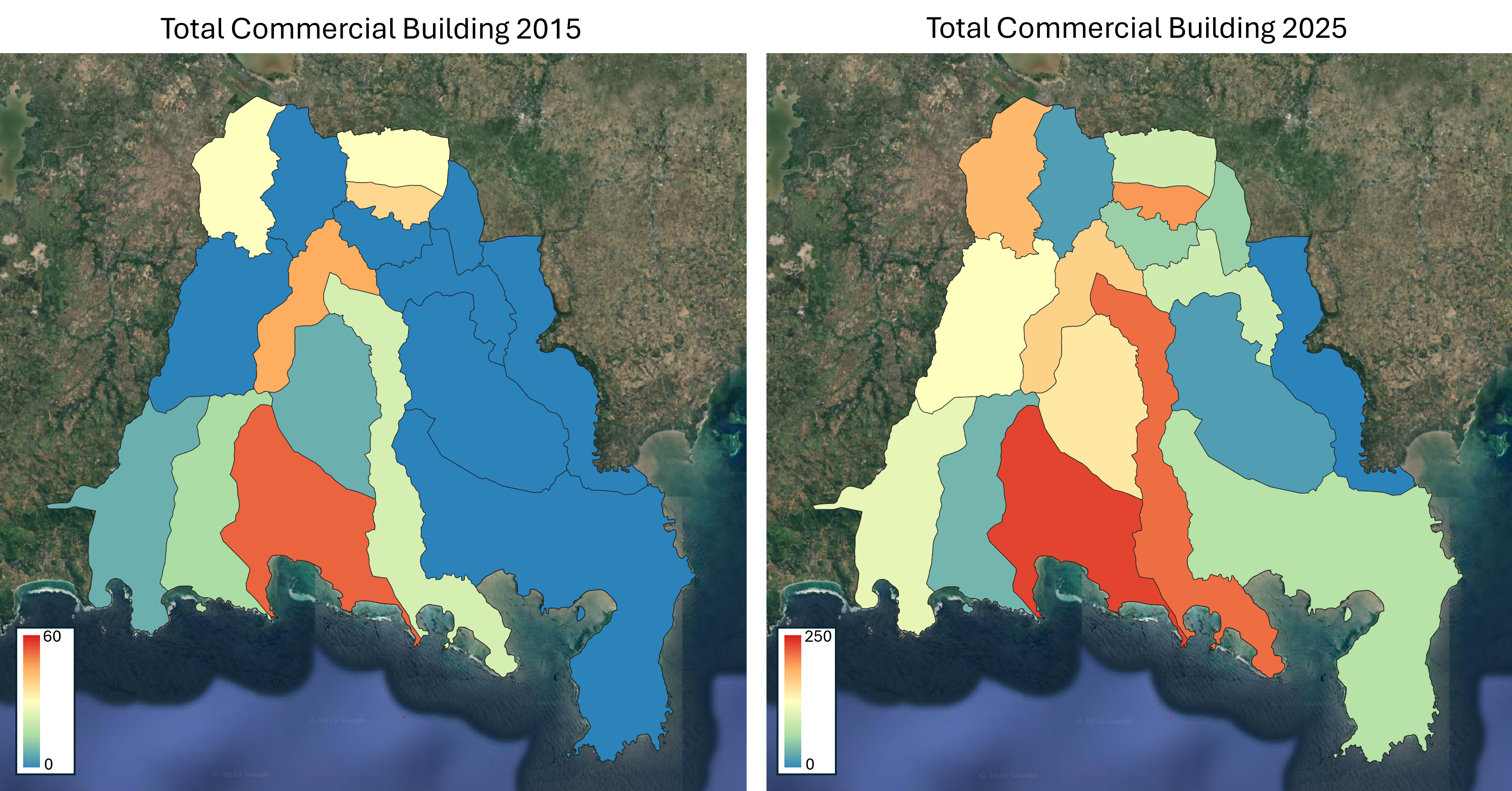 Comparison of 2015 and 2025 total commercial building from OpenStreetMap