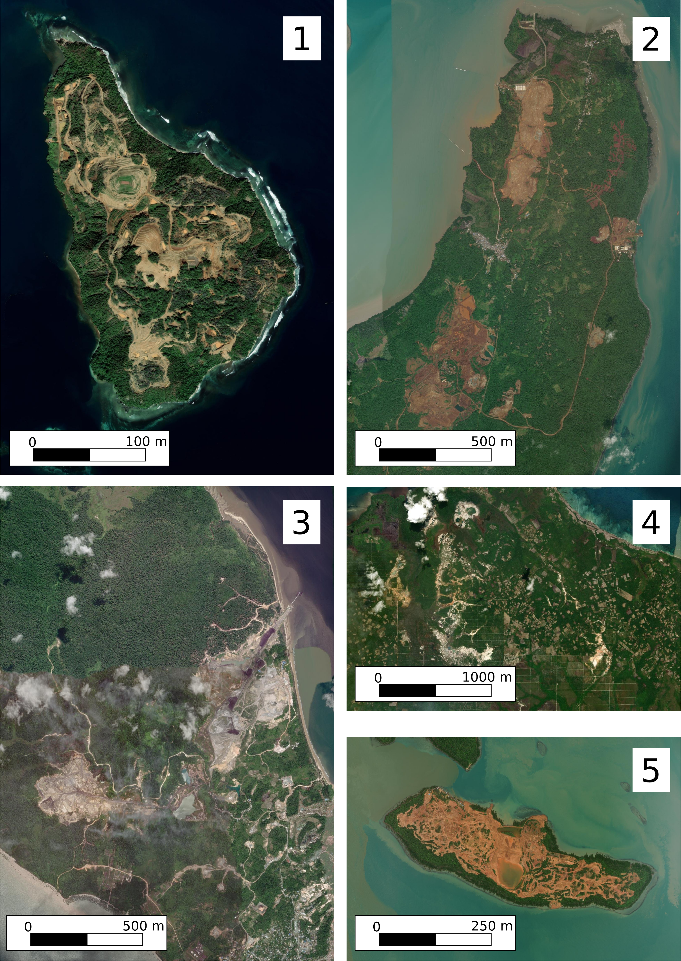 Beberapa contoh citra satelit resolusi tinggi untuk pertambangan di pulau kecil. COntoh dari beberapa komoditas tambang yang berbeda seperti: bauksit, nikel, timah, batubara, bijih besi