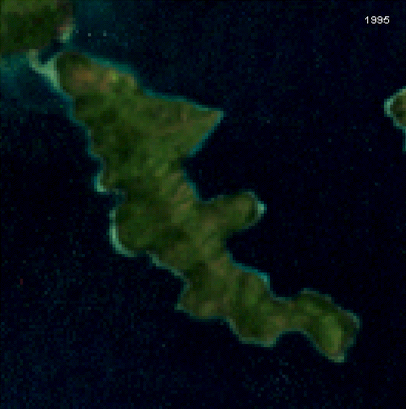 Animasi citra satelit temporal LANDSAT di Pulau Malamala Maluku Utara yang menunjukkan perkembangan aktivitas pertambangan Nikel