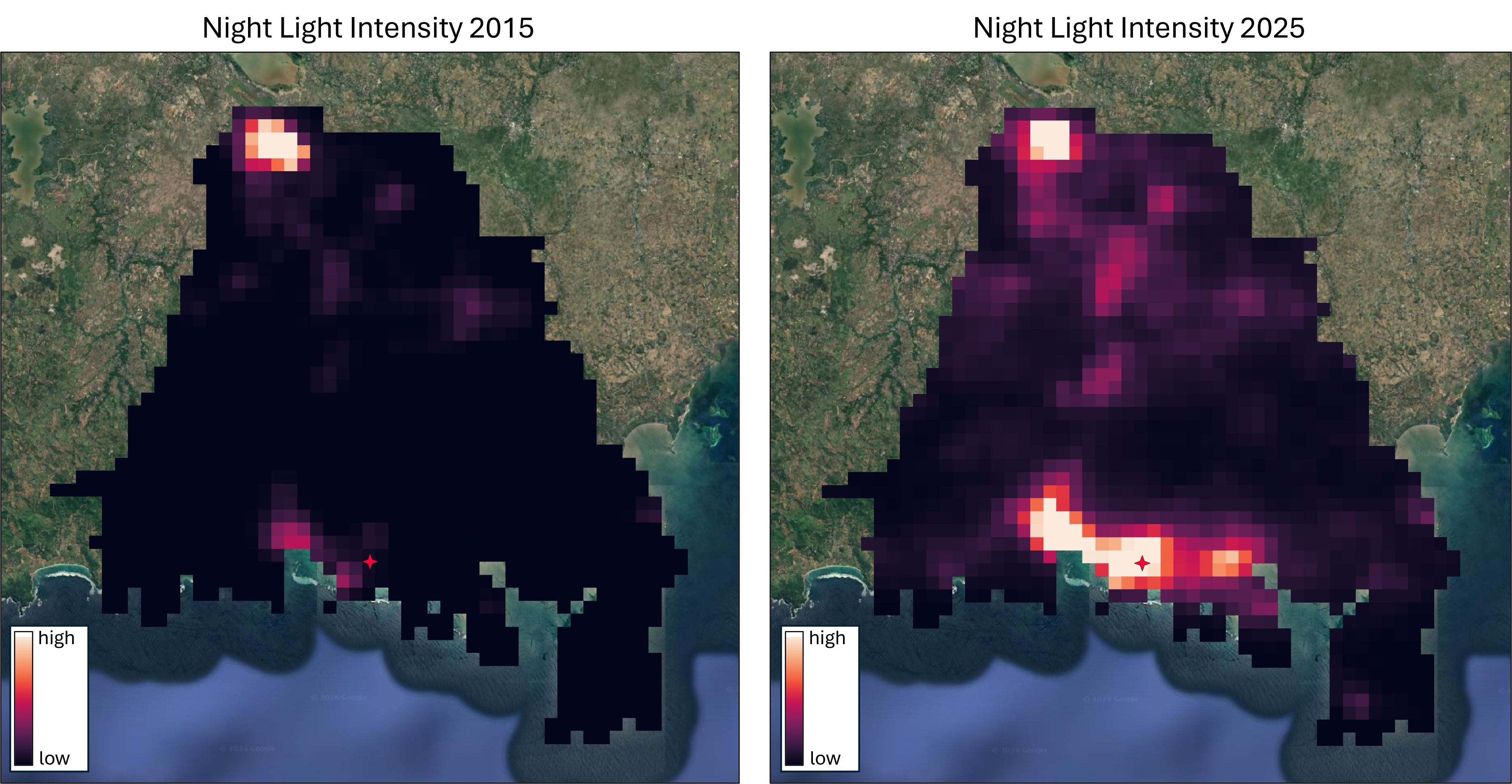 Comparison of 2015 adn 2025 VIIRS Night Light data in kecataman Pujut