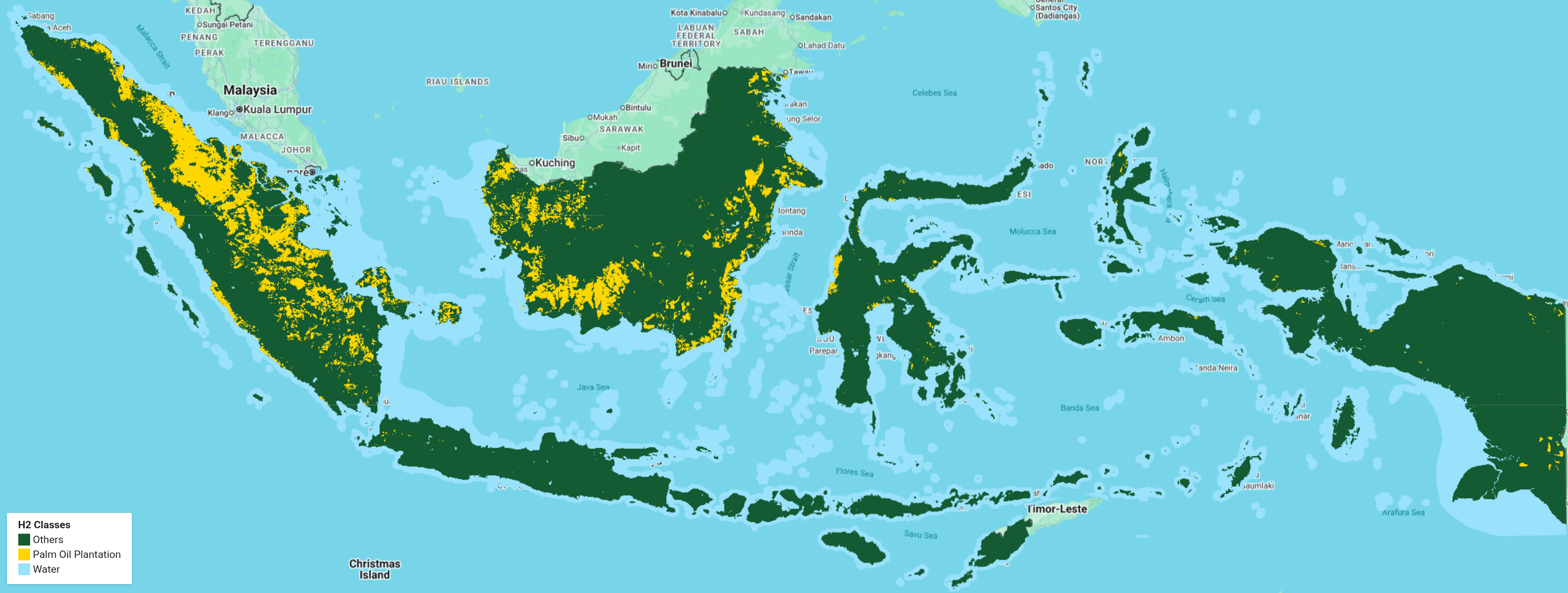 Map of the extent of oil plam plantation in Indonesia for the year 2025