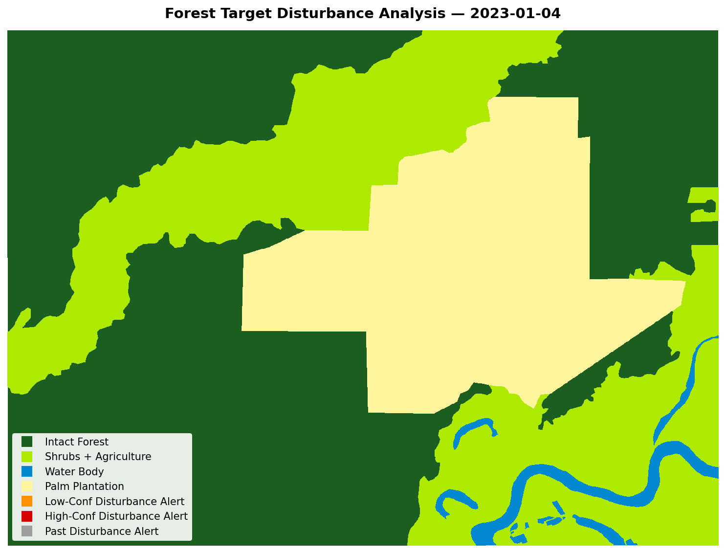Animation of the forest disturbance alert from 2023 to 2025 showing the eexpansion of palm oil plantation to the surrounding forests