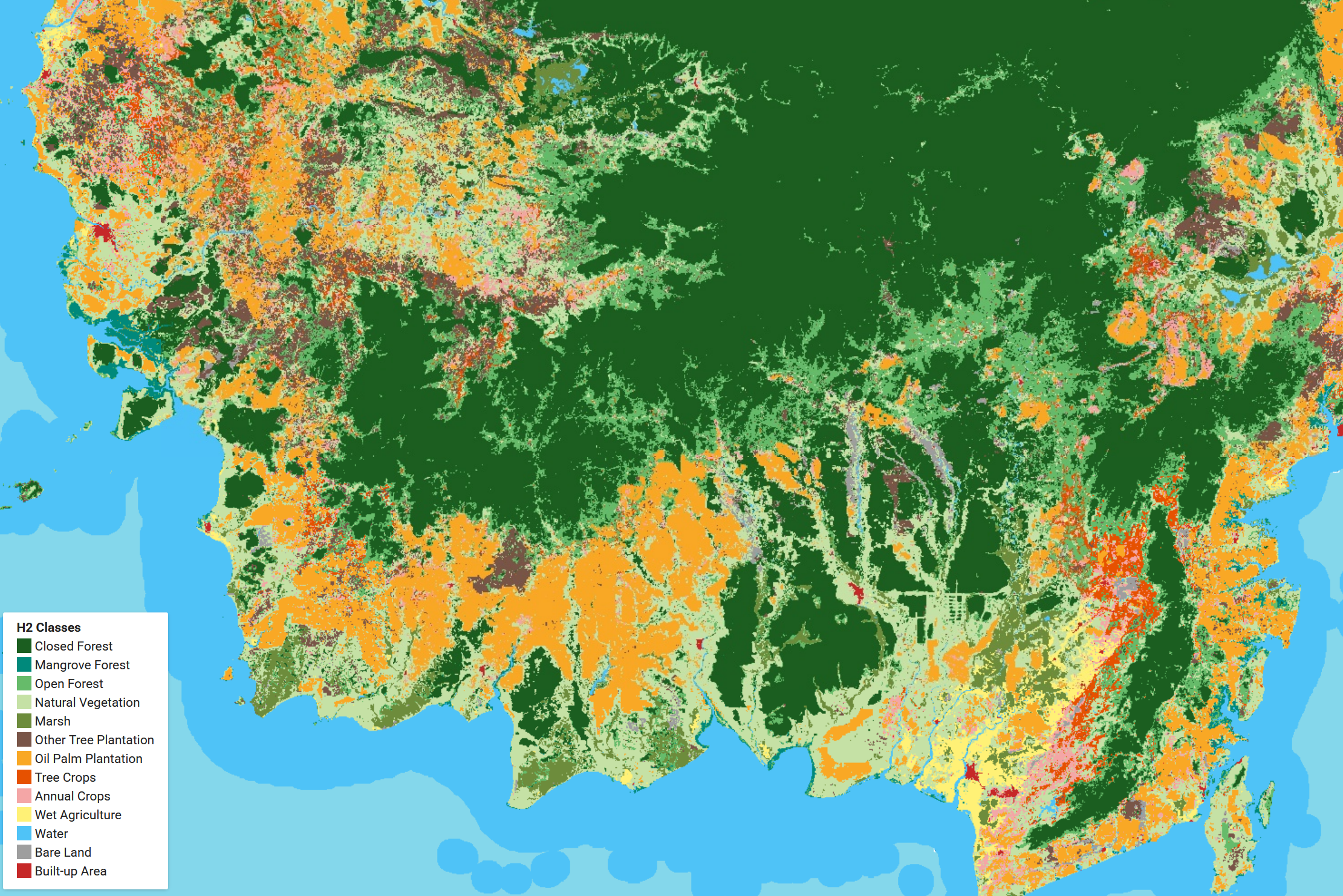 Snippet of national land cover model showing various land cover class in Kalimantan/Borneo