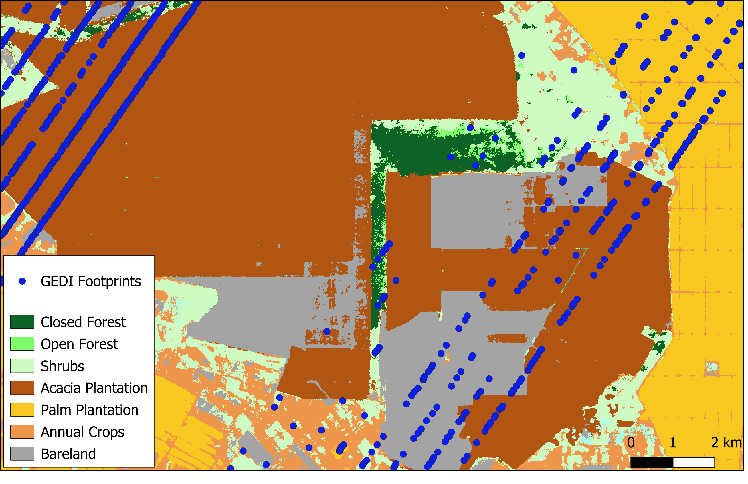 Example of a GEDI footprints on the study area with land cover map as basemap.
