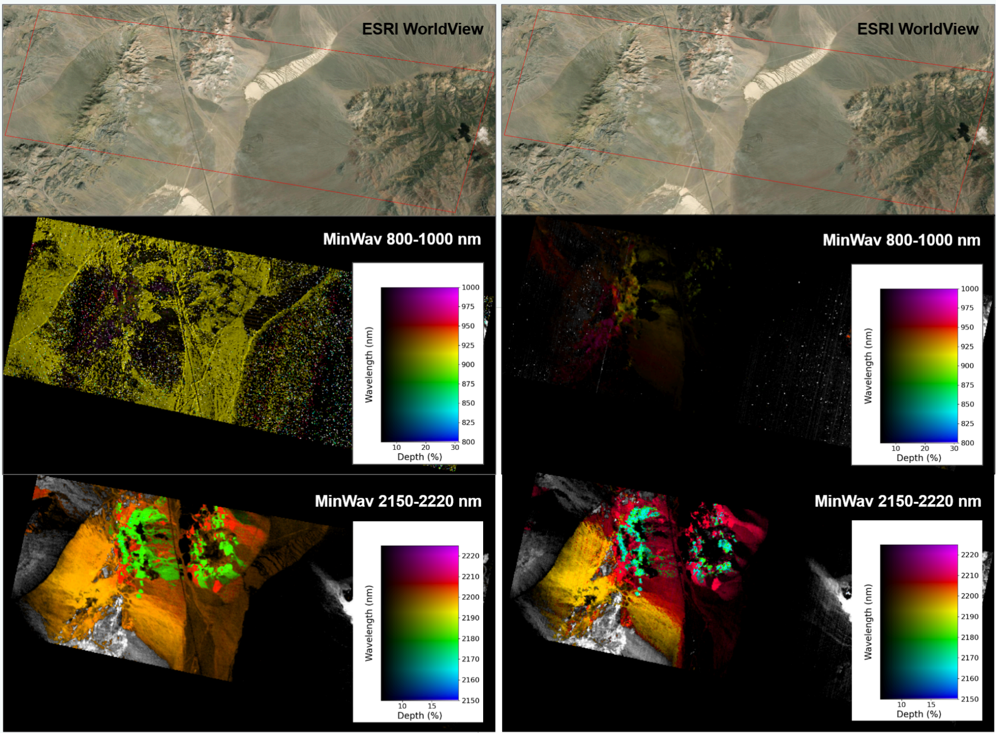 Minimum Wavelength Mapper results for the Cuprite study area across the 800–1000 nm and 2150–222 nm wavelength ranges, comparing EnMAP (left) and Tanager-1 (right)